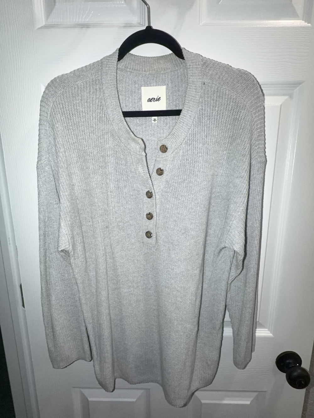 aerie Light Gray Henley Scoop Neck Knit Sweater